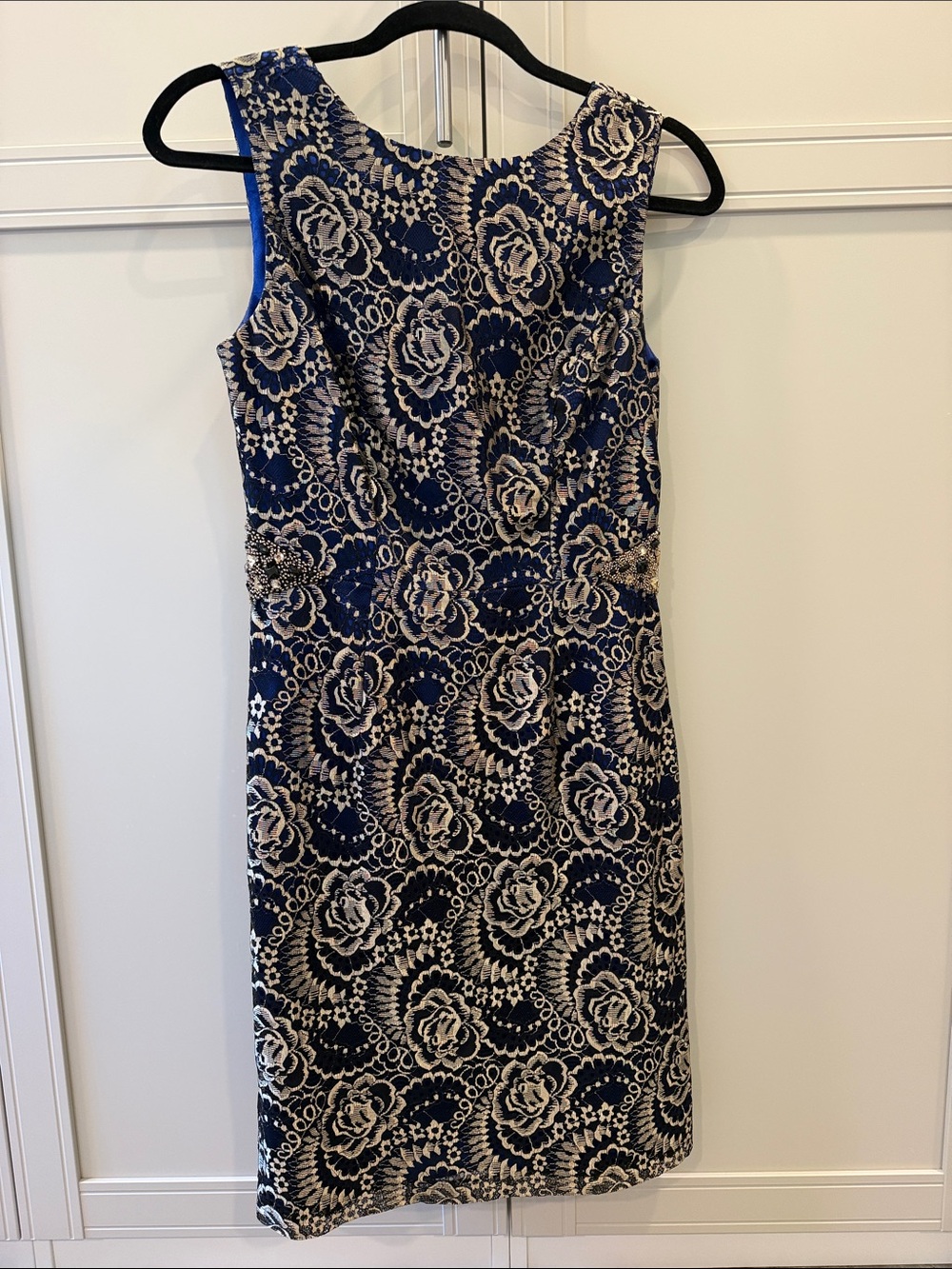 JS Collections Navy and Cream Floral Lace Sheath Dress